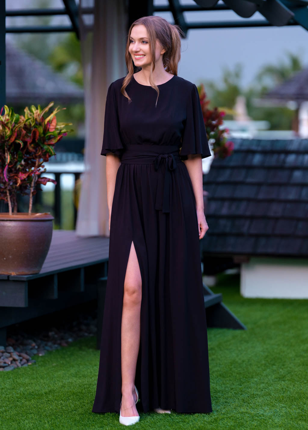 Black slit dress with belt
