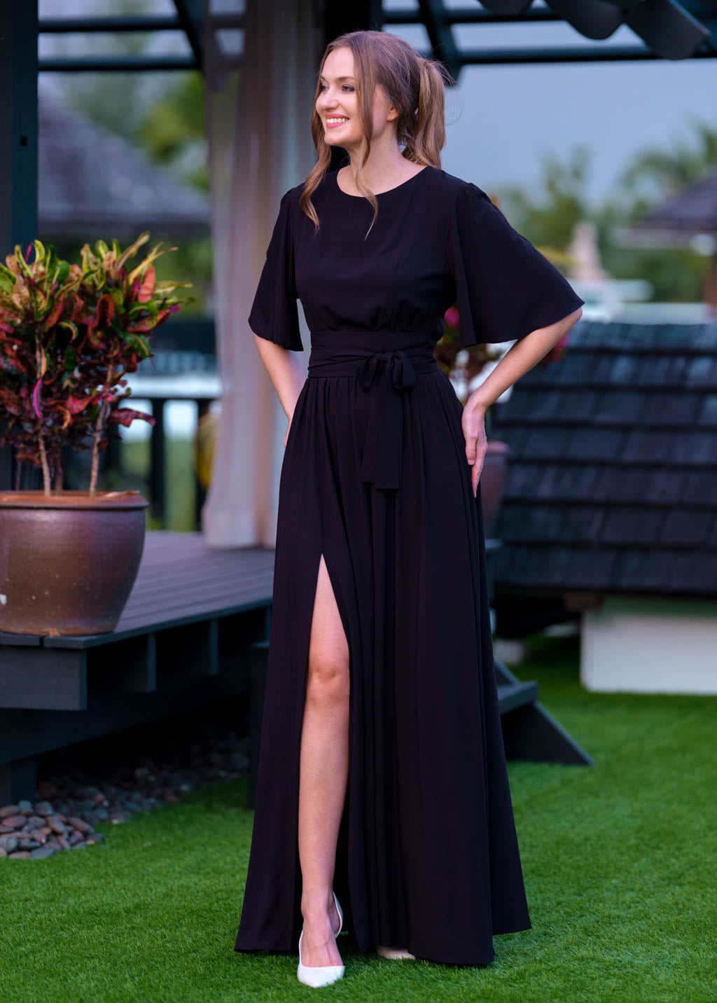 Black long dress with belt