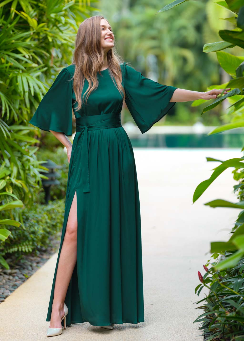 Dark green silk slit dress with belt