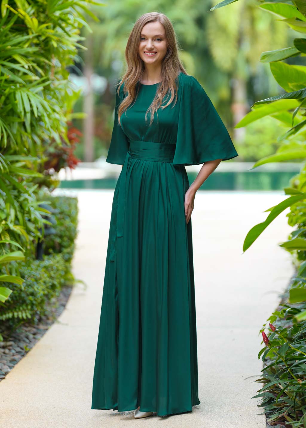 Dark green silk slit dress with belt