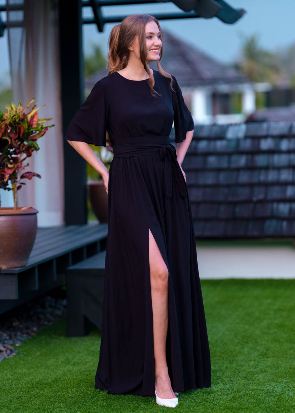 Black slit dress with belt