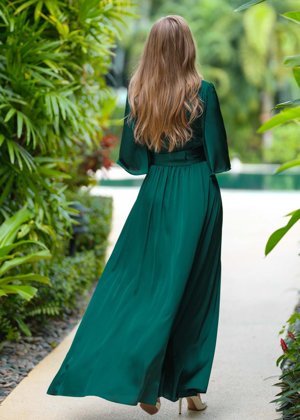Dark green silk slit dress with belt