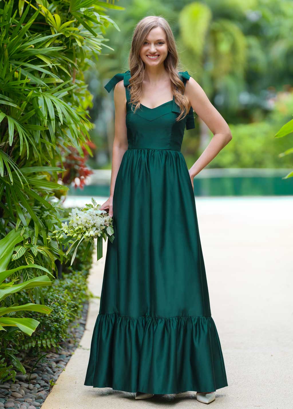 Dark green long satin dress