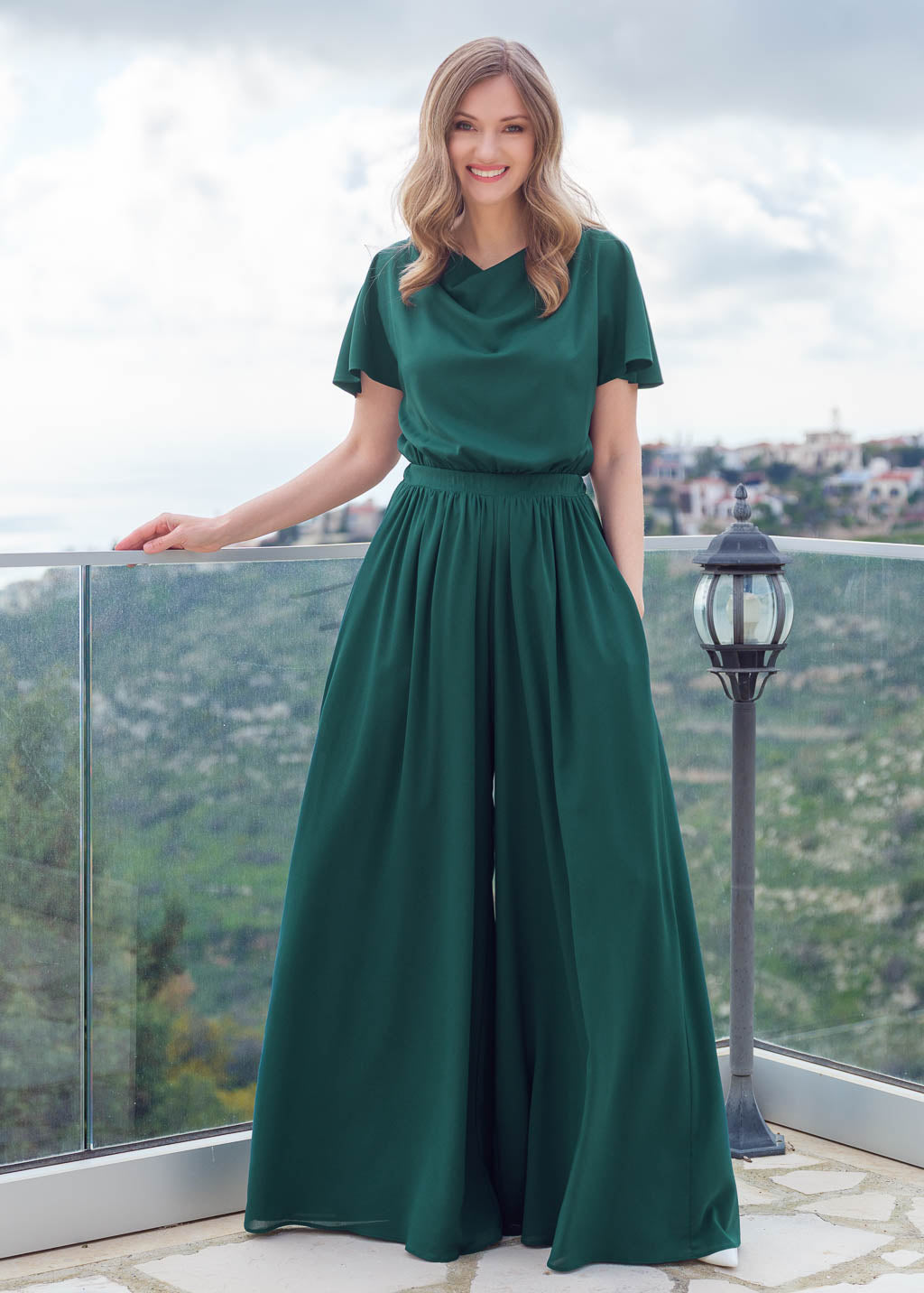 Dark Green chiffon jumpsuit with pockets