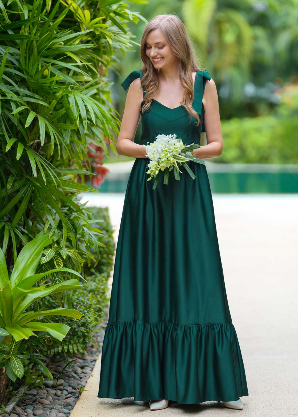 Dark green long satin dress