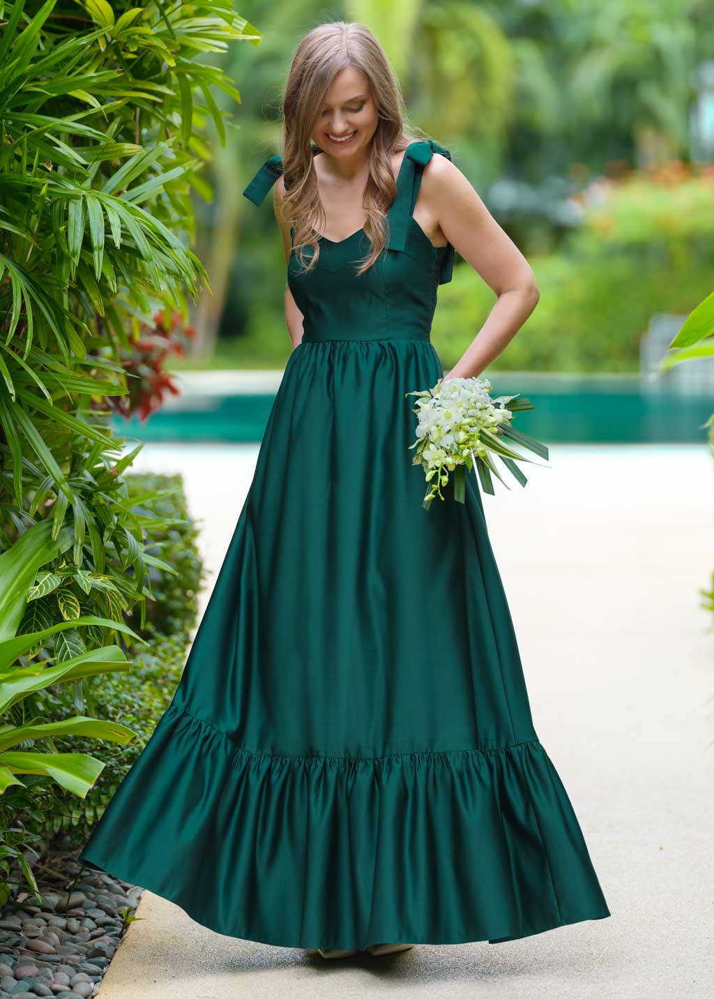Dark green long satin dress