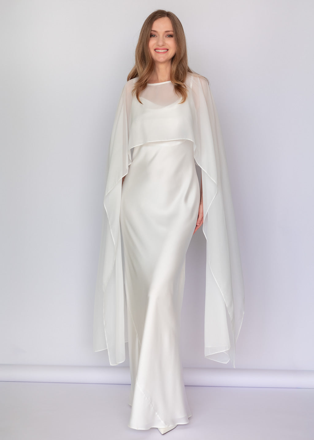Black Bias Cut Silk Satin Dress with Chiffon Cape