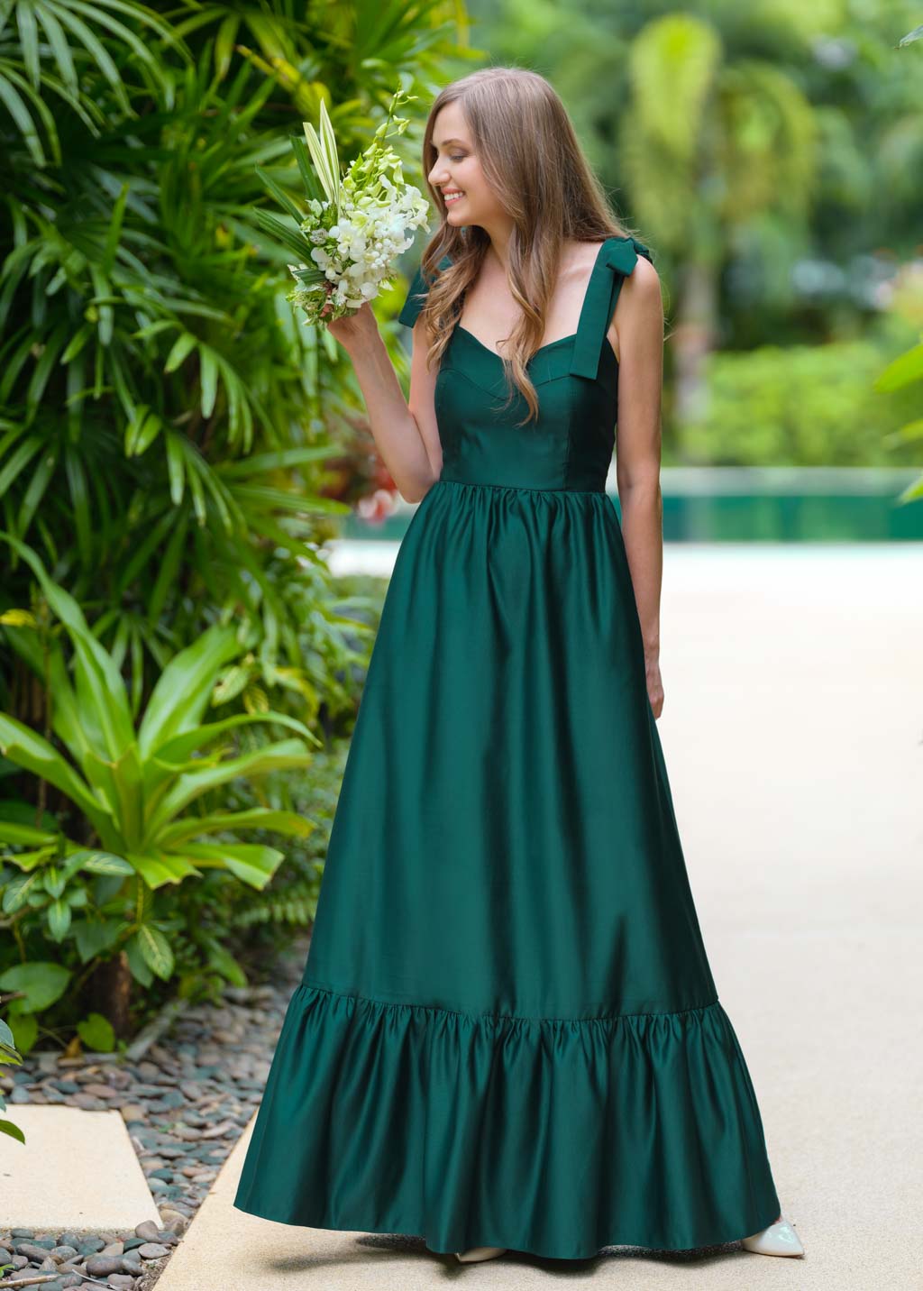 Dark green long satin dress
