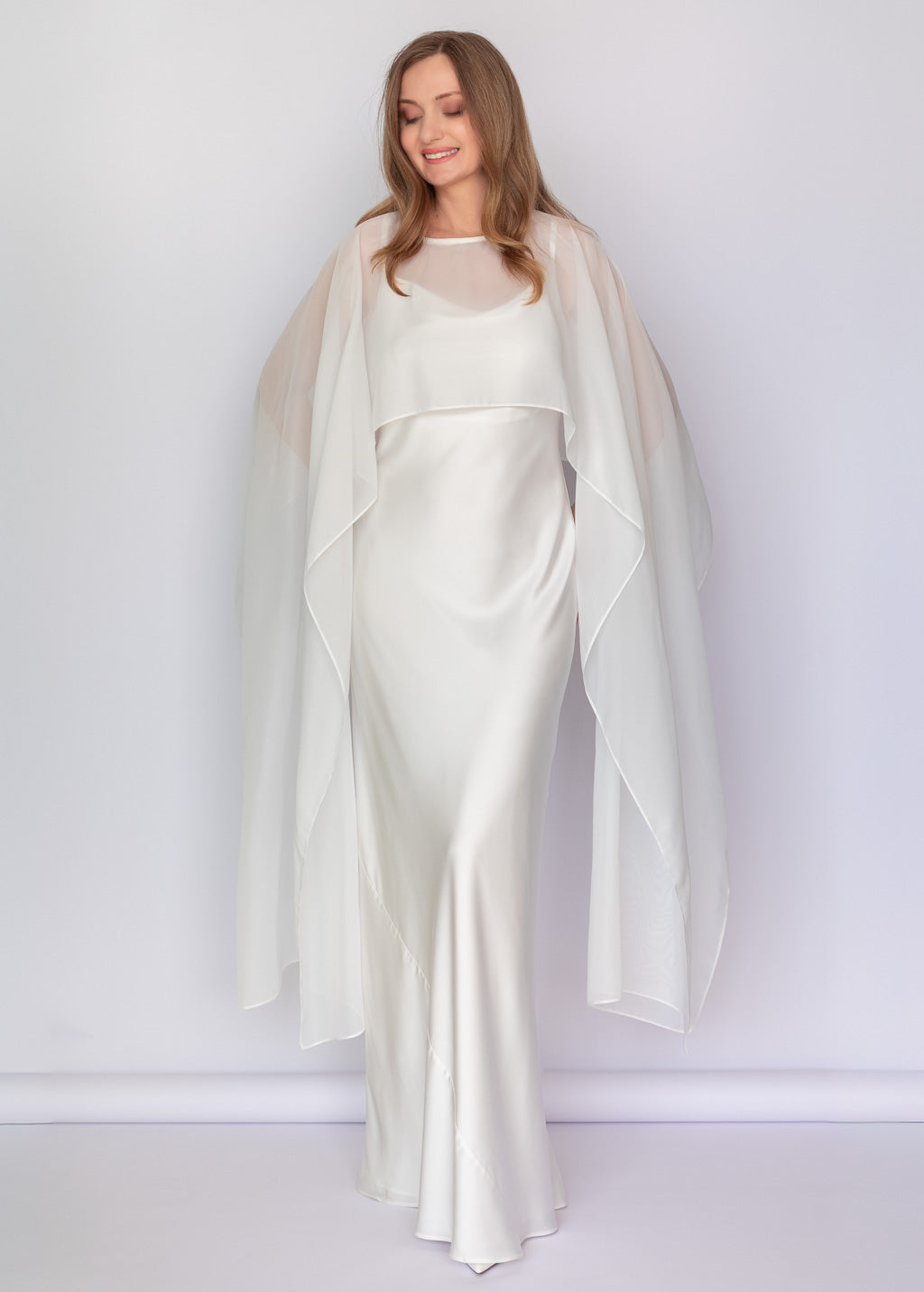Black Bias Cut Silk Satin Dress with Chiffon Cape