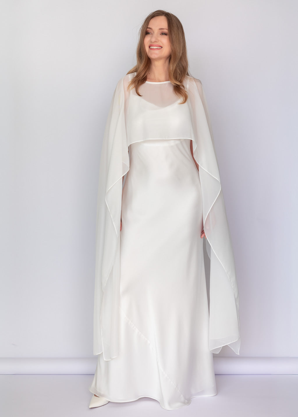 Black Bias Cut Silk Satin Dress with Chiffon Cape