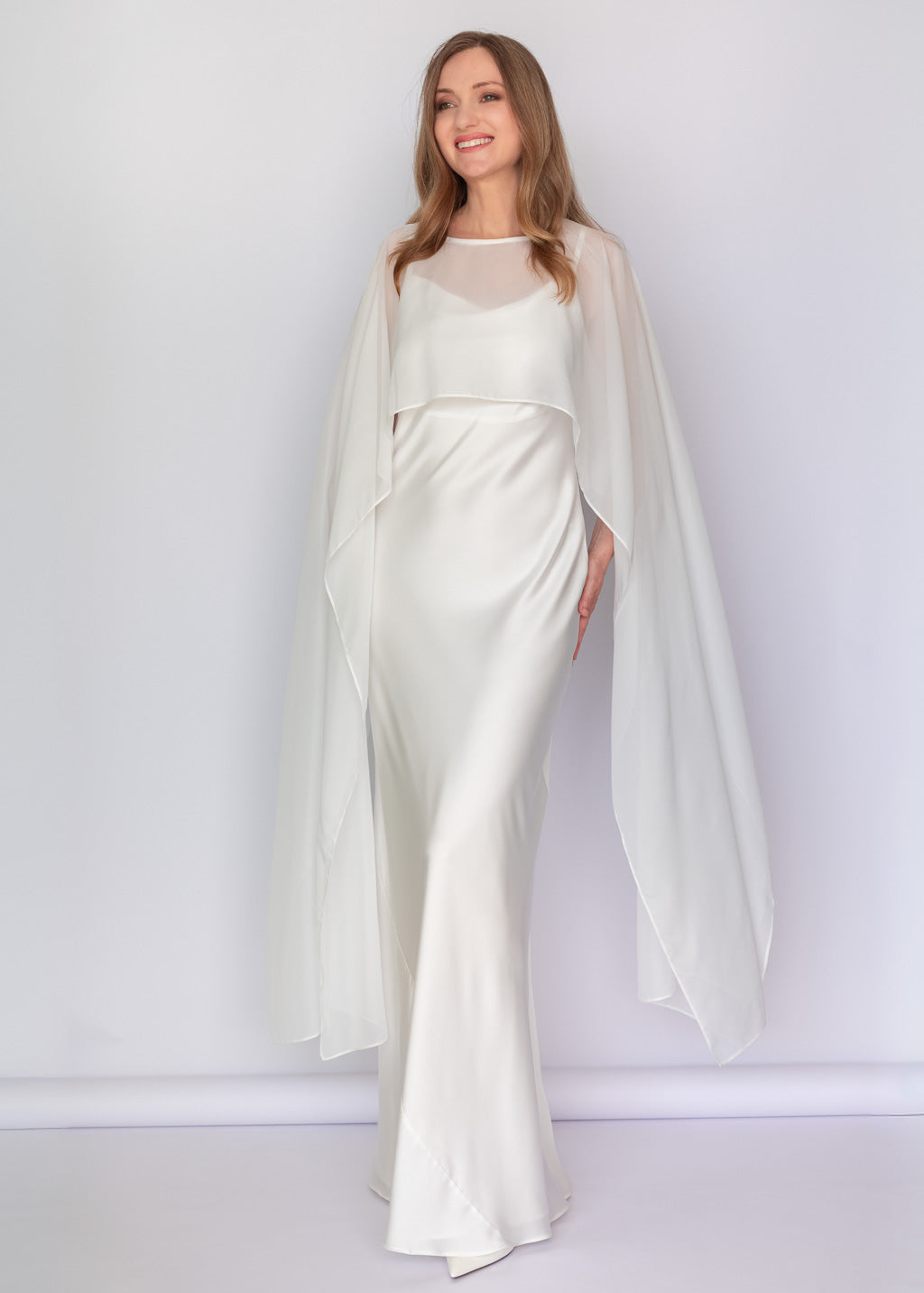 Black Bias Cut Silk Satin Dress with Chiffon Cape