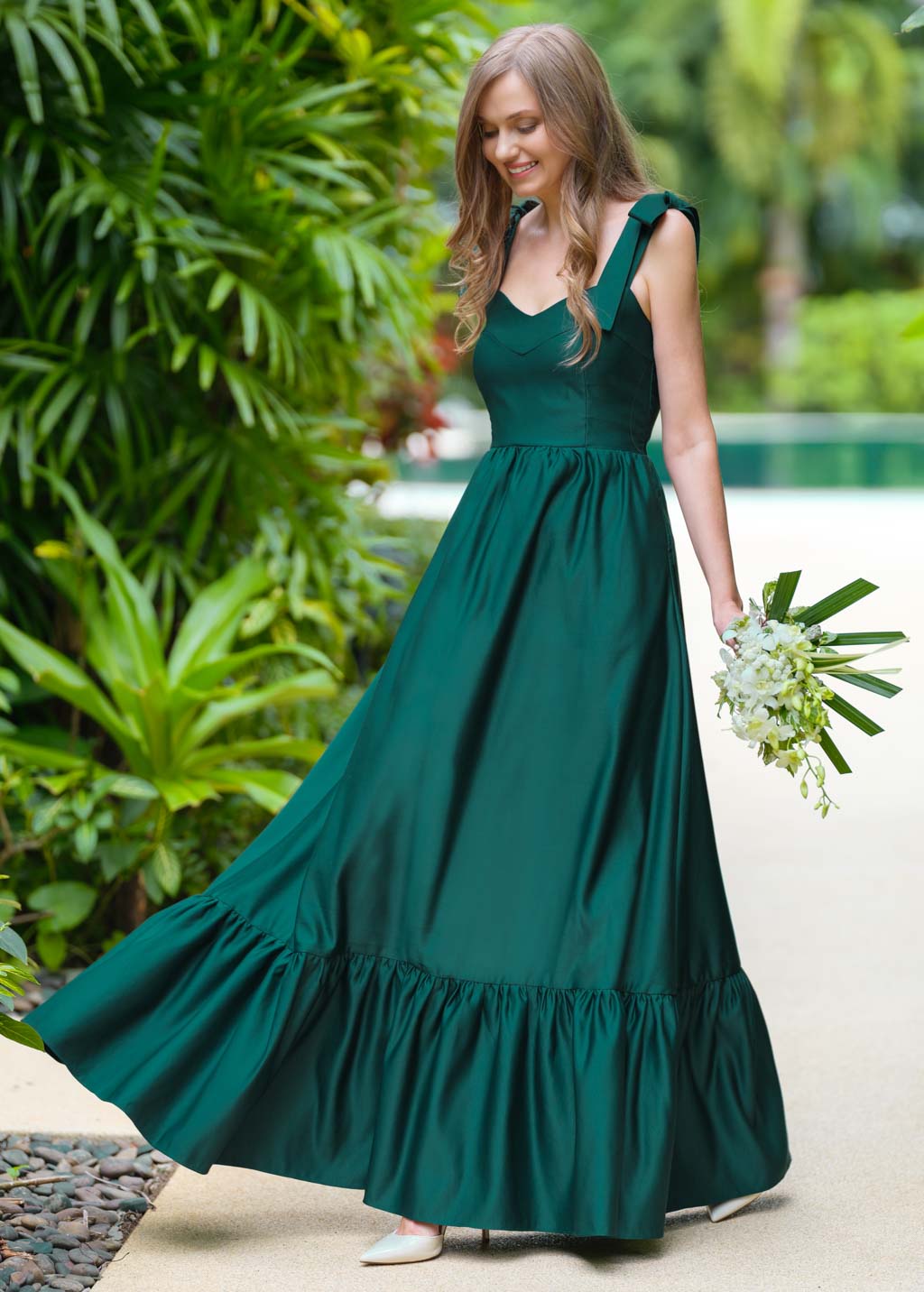 Dark green long satin dress