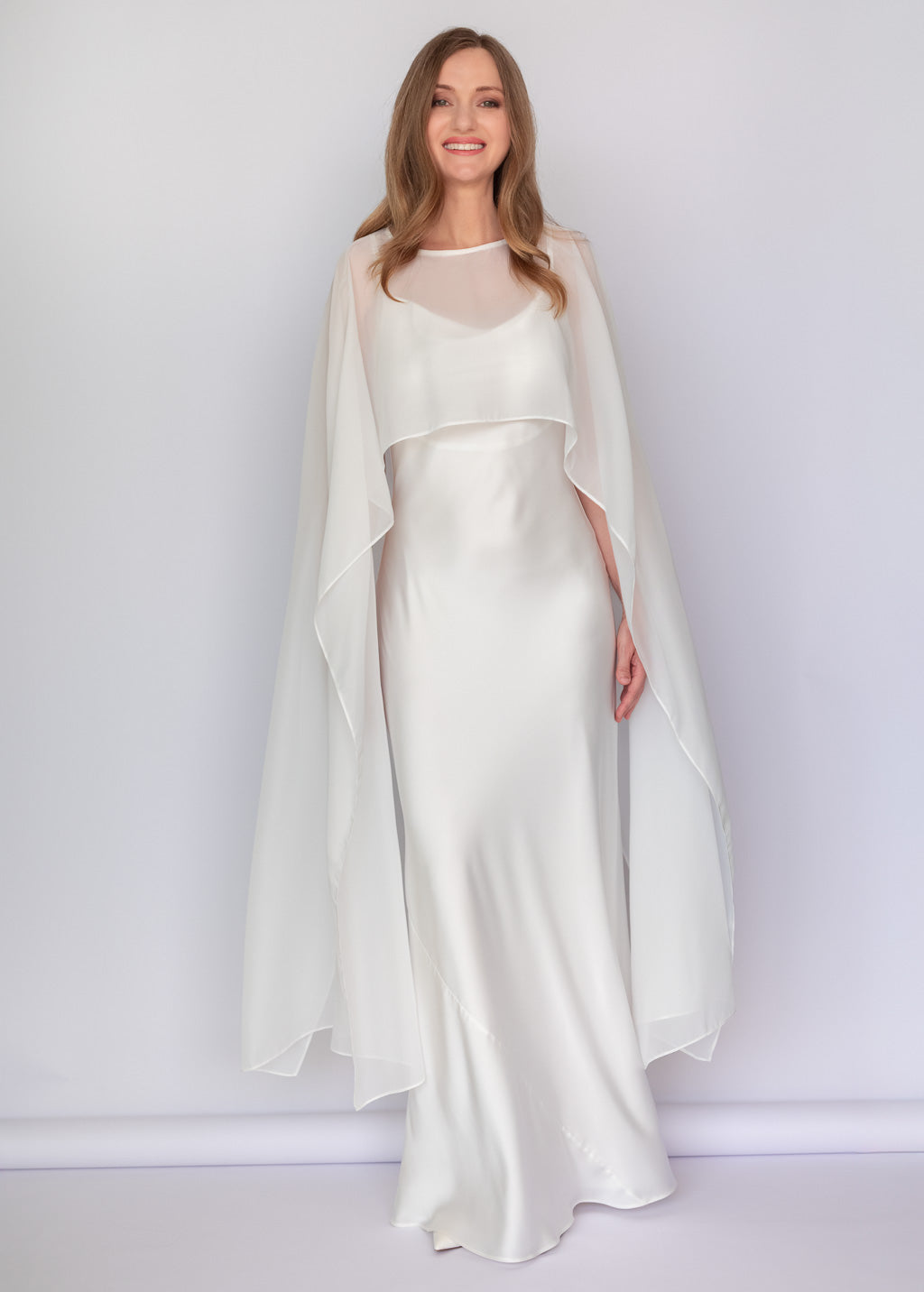 Black Bias Cut Silk Satin Dress with Chiffon Cape