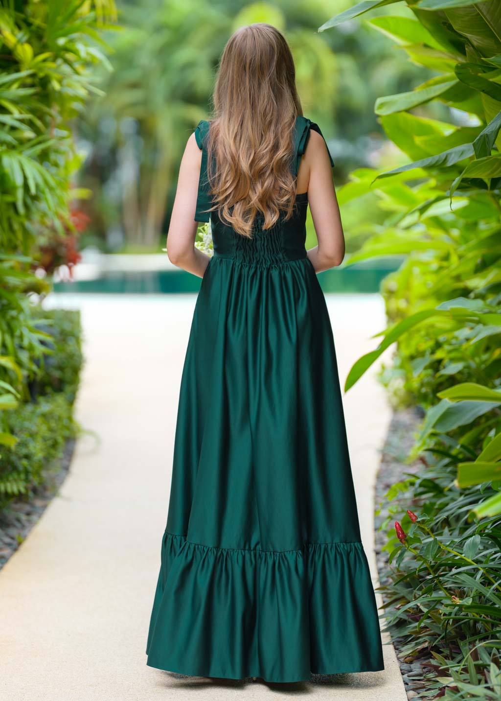 Dark green long satin dress
