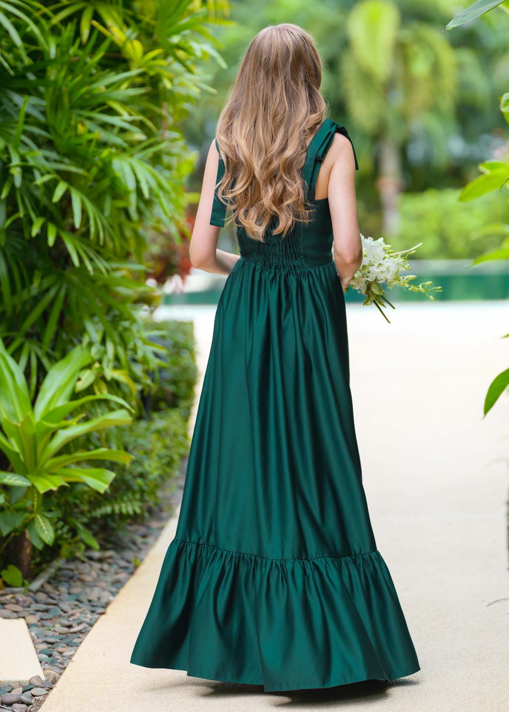 Dark green long satin dress