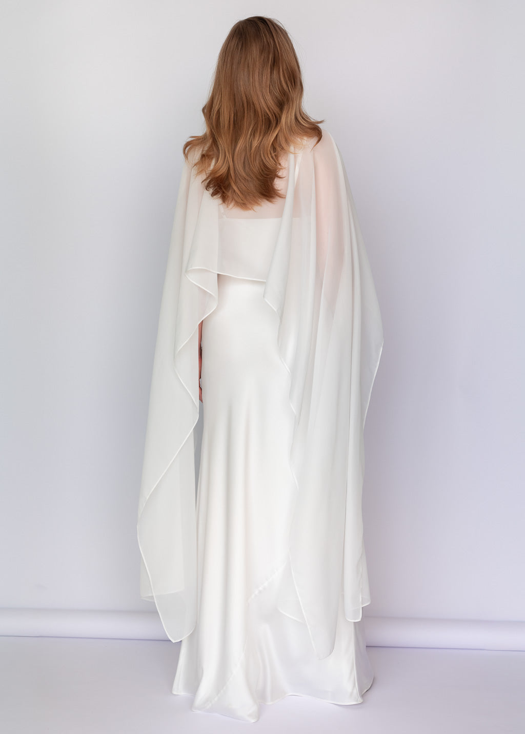 Ivory Bias Cut Silk Satin Dress with Chiffon Cape