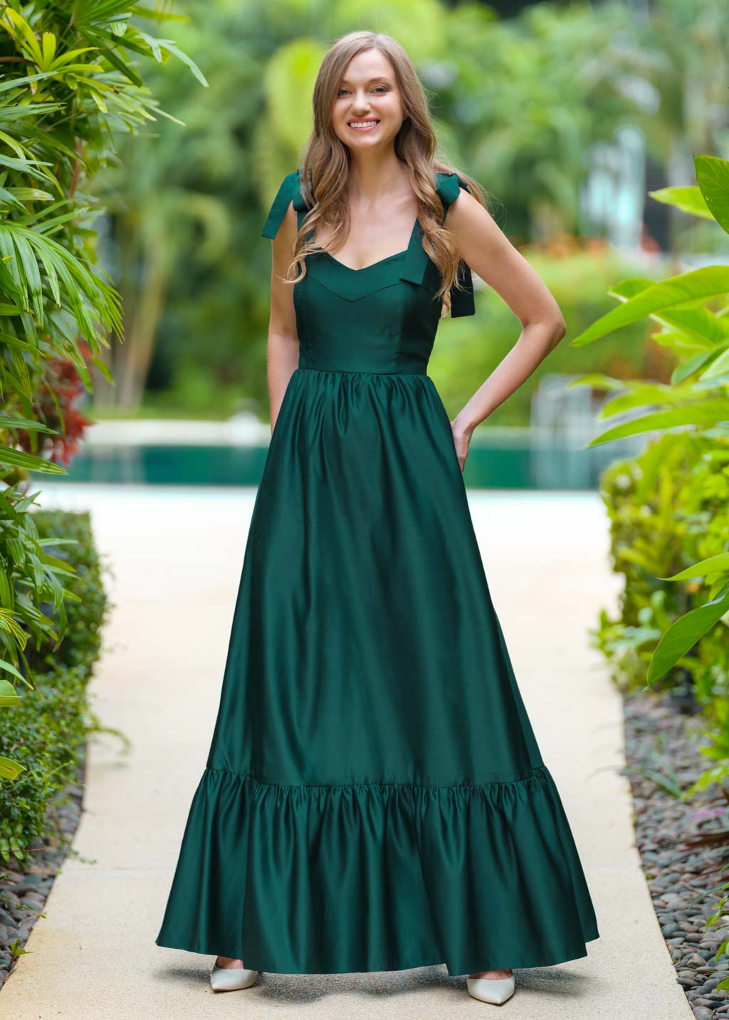 Dark green long satin dress