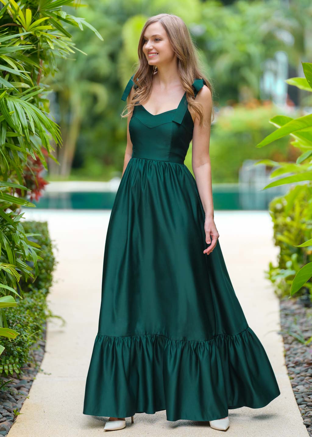 Dark green long satin dress