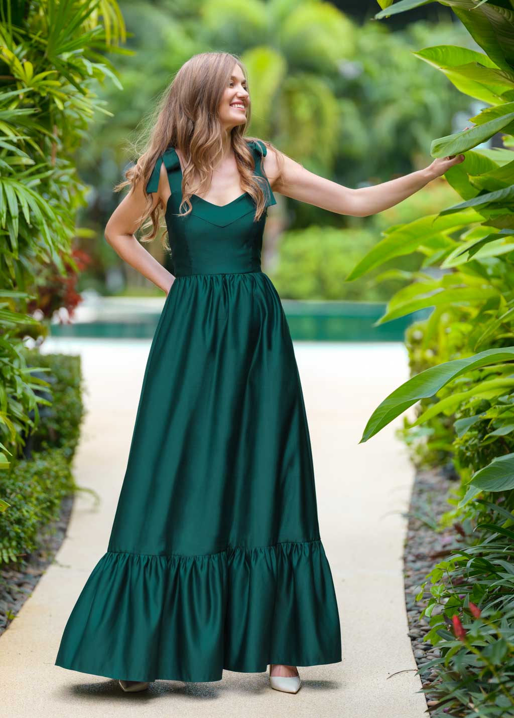 Dark green long satin dress