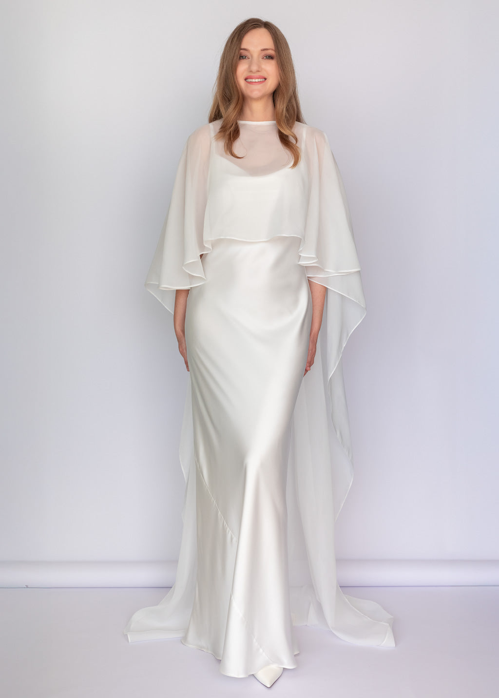 Ivory Bias Cut Silk Satin Maxi Dress with Chiffon Cape