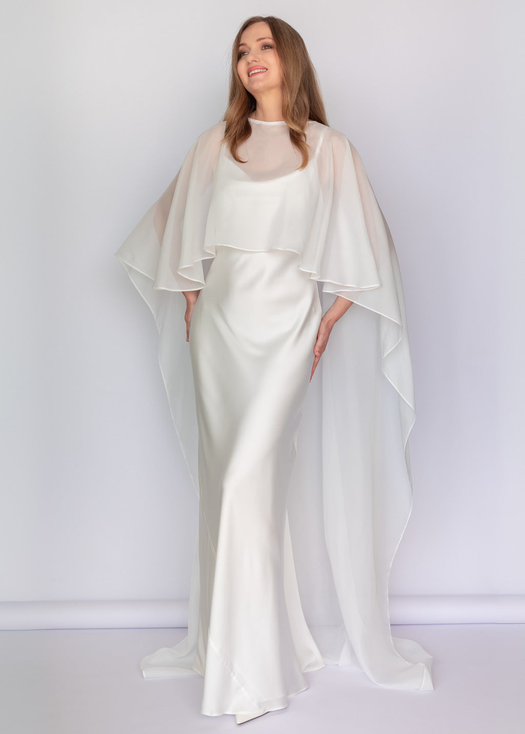 Black Bias Cut Silk Satin Maxi Dress with Chiffon Cape