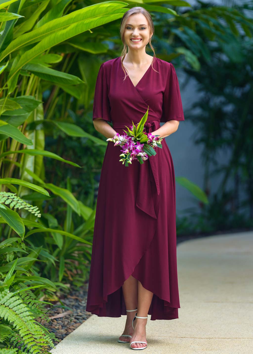 Burgundy romantic wrap dress