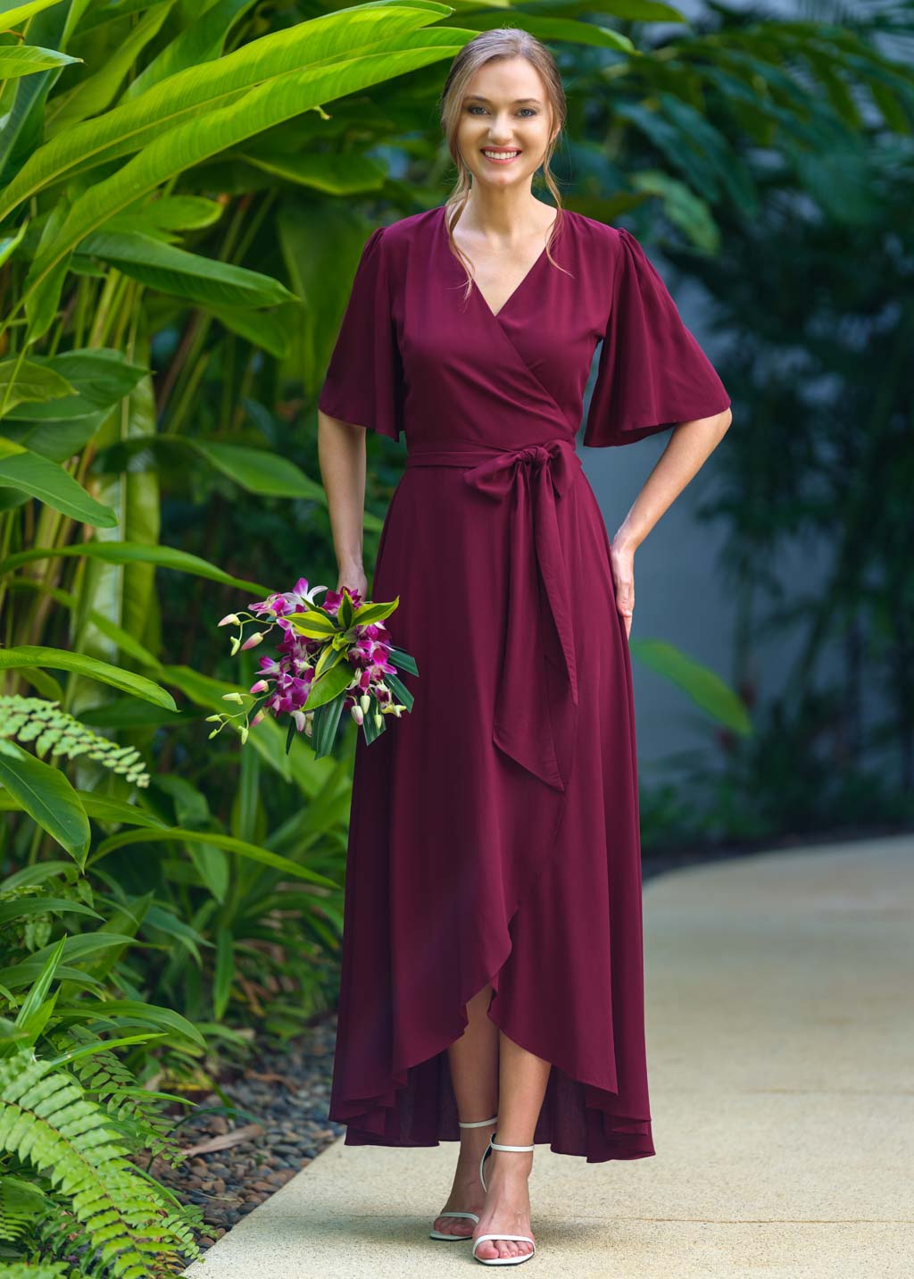 Burgundy romantic wrap dress