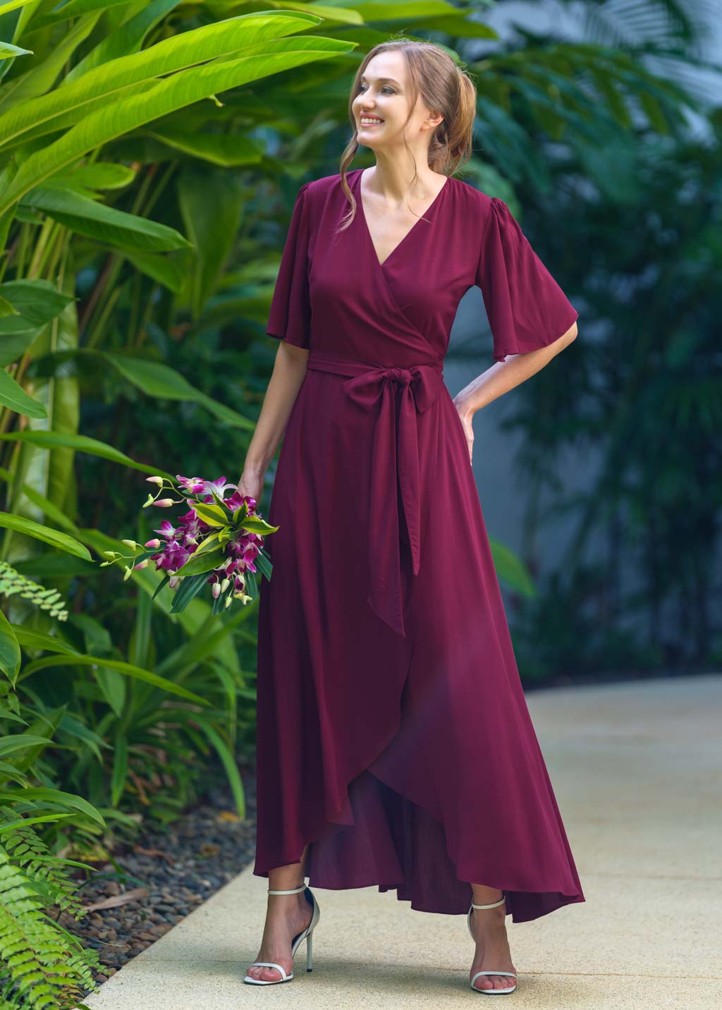 Burgundy romantic wrap dress