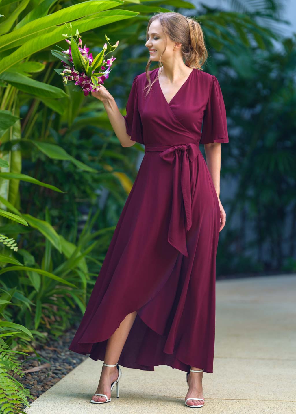 Burgundy romantic wrap dress