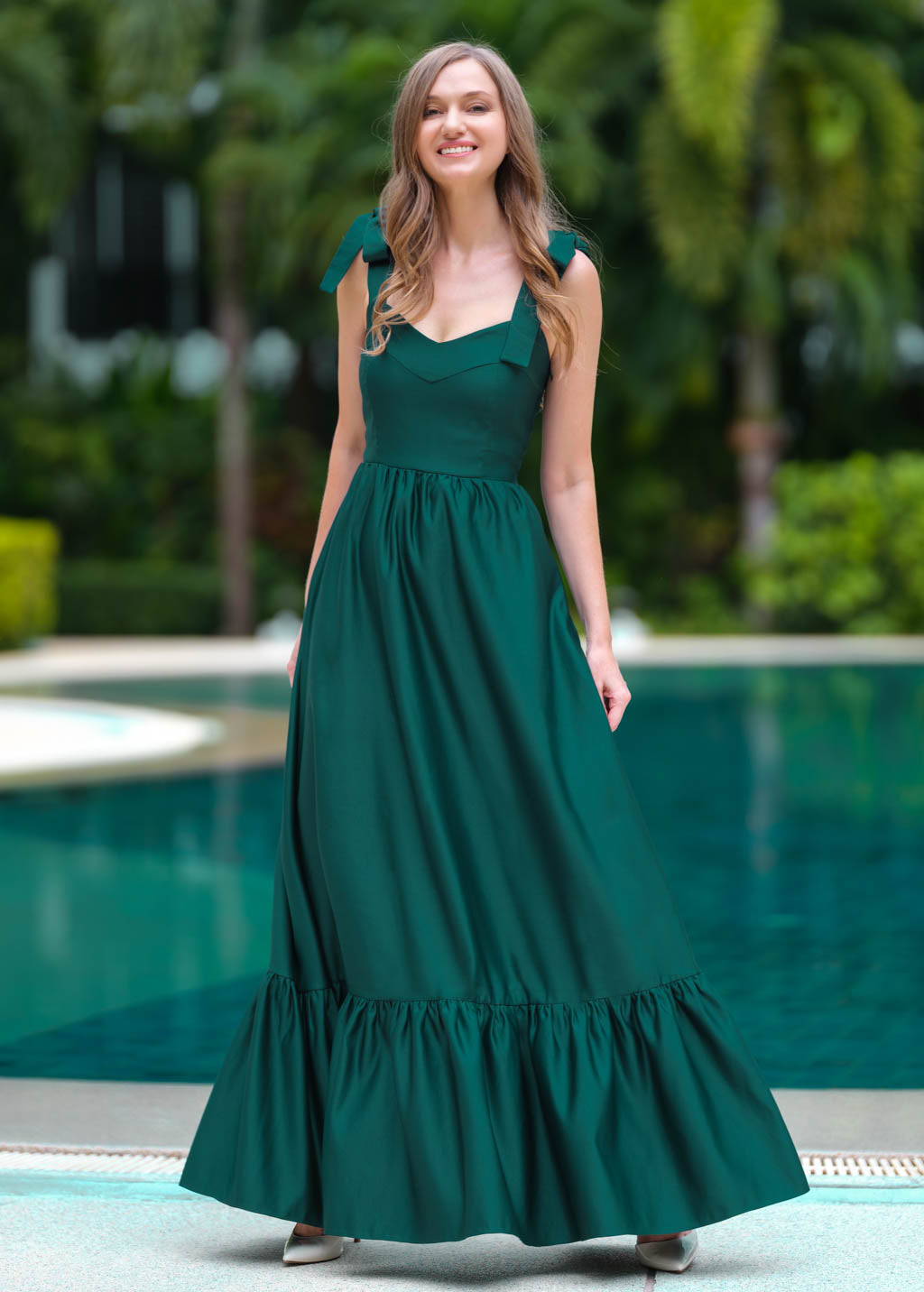 Dark green long satin dress