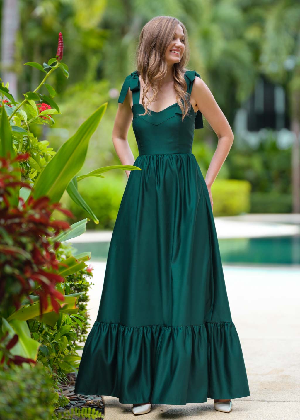 Dark green long satin dress