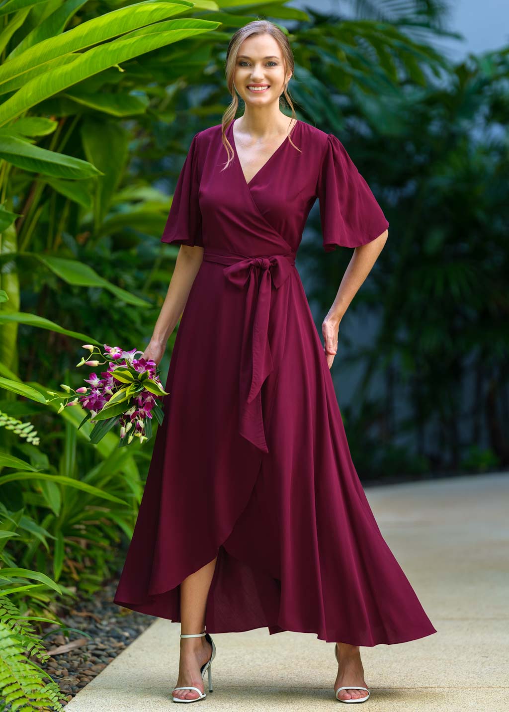 Burgundy romantic wrap dress