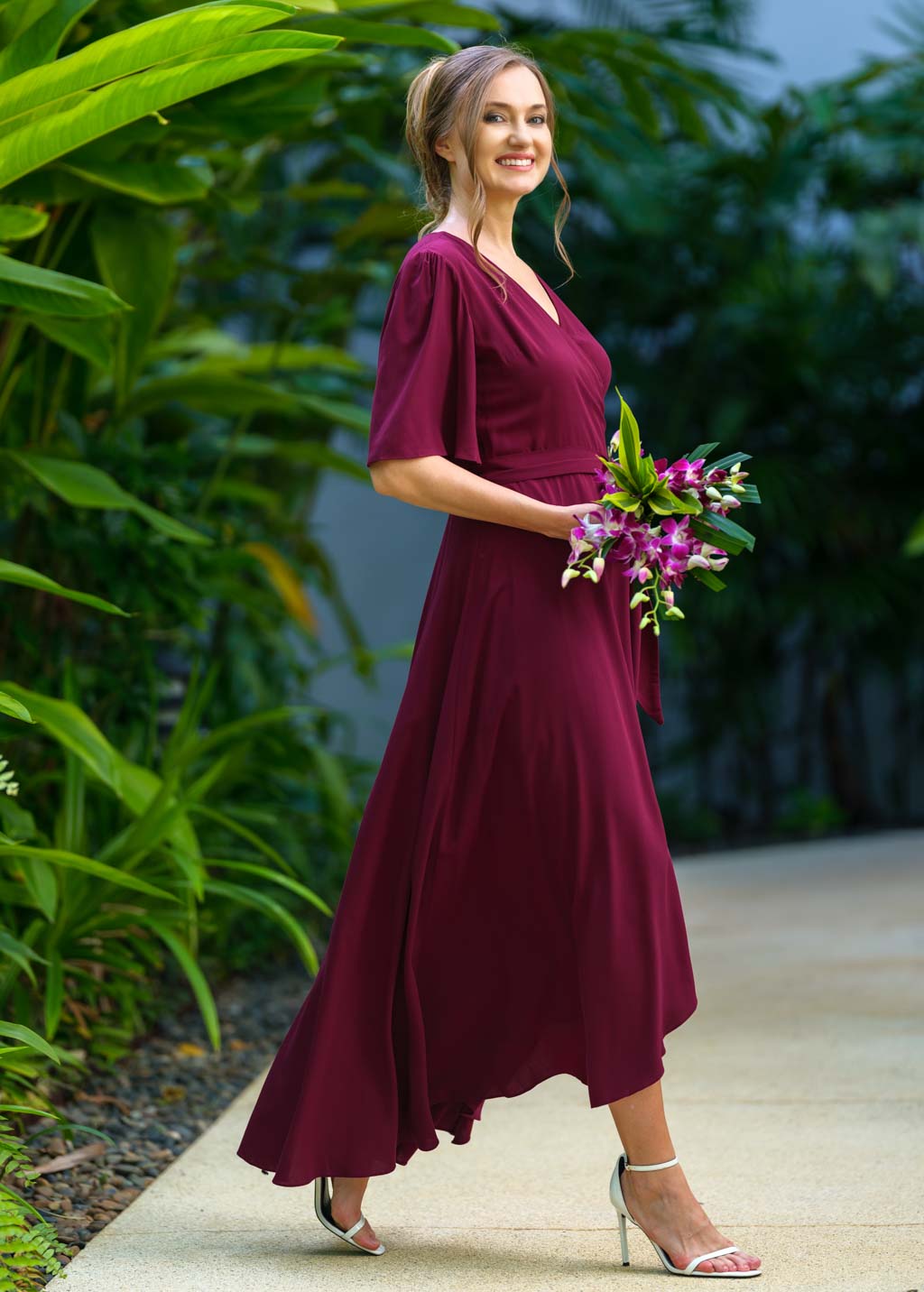 Burgundy romantic wrap dress