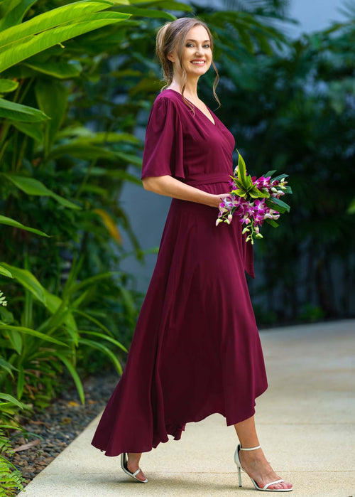 burgundy wrap bridesmaid dress Long Viscose Maxi Wedding Guest – final_sale Chiffon Colors:Navy Blue 816 Bella hadid red carpet Burgundy silk Designed with a daring