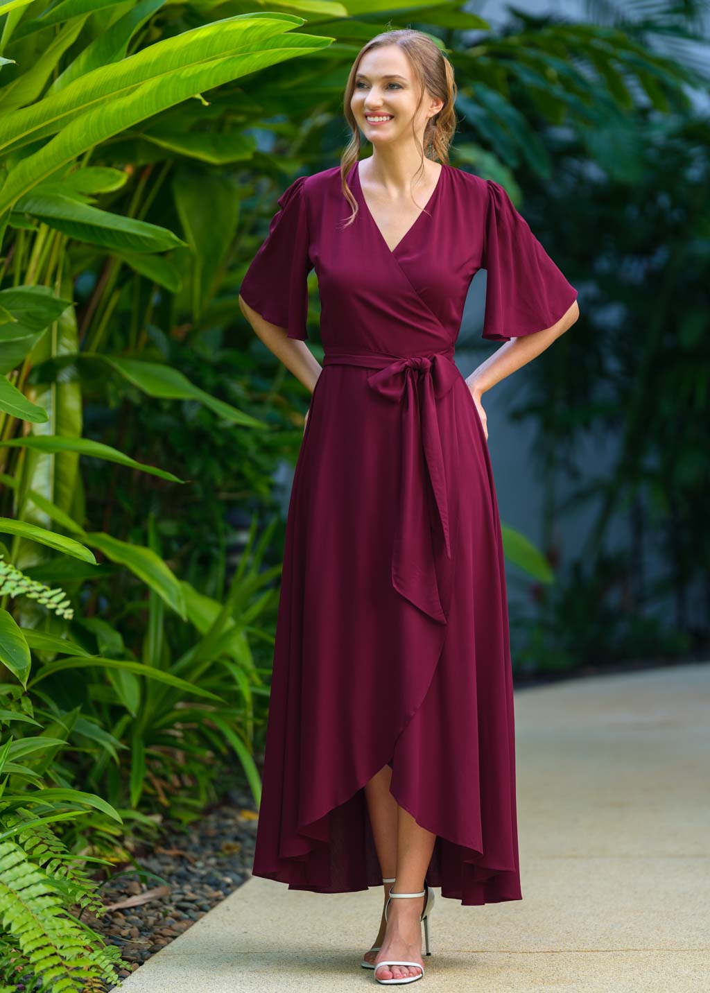 Burgundy romantic wrap dress