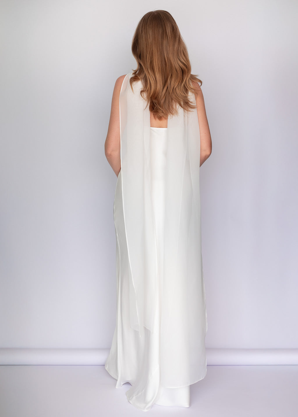 Ivory Bias Cut Silk Satin Dress with Chiffon Scarf