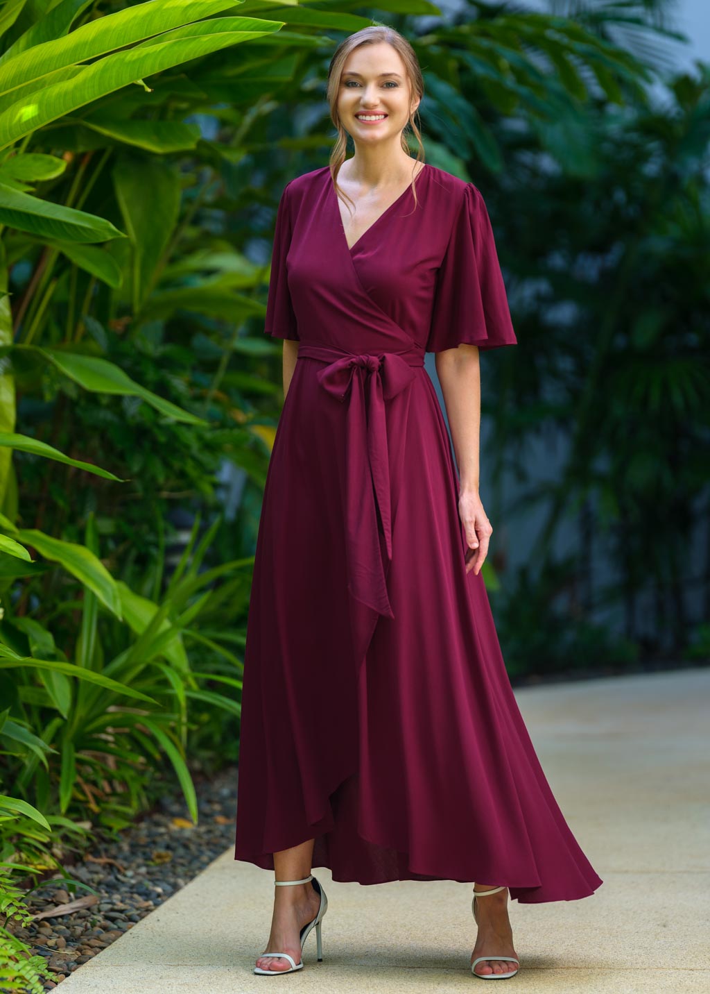 Burgundy romantic wrap dress