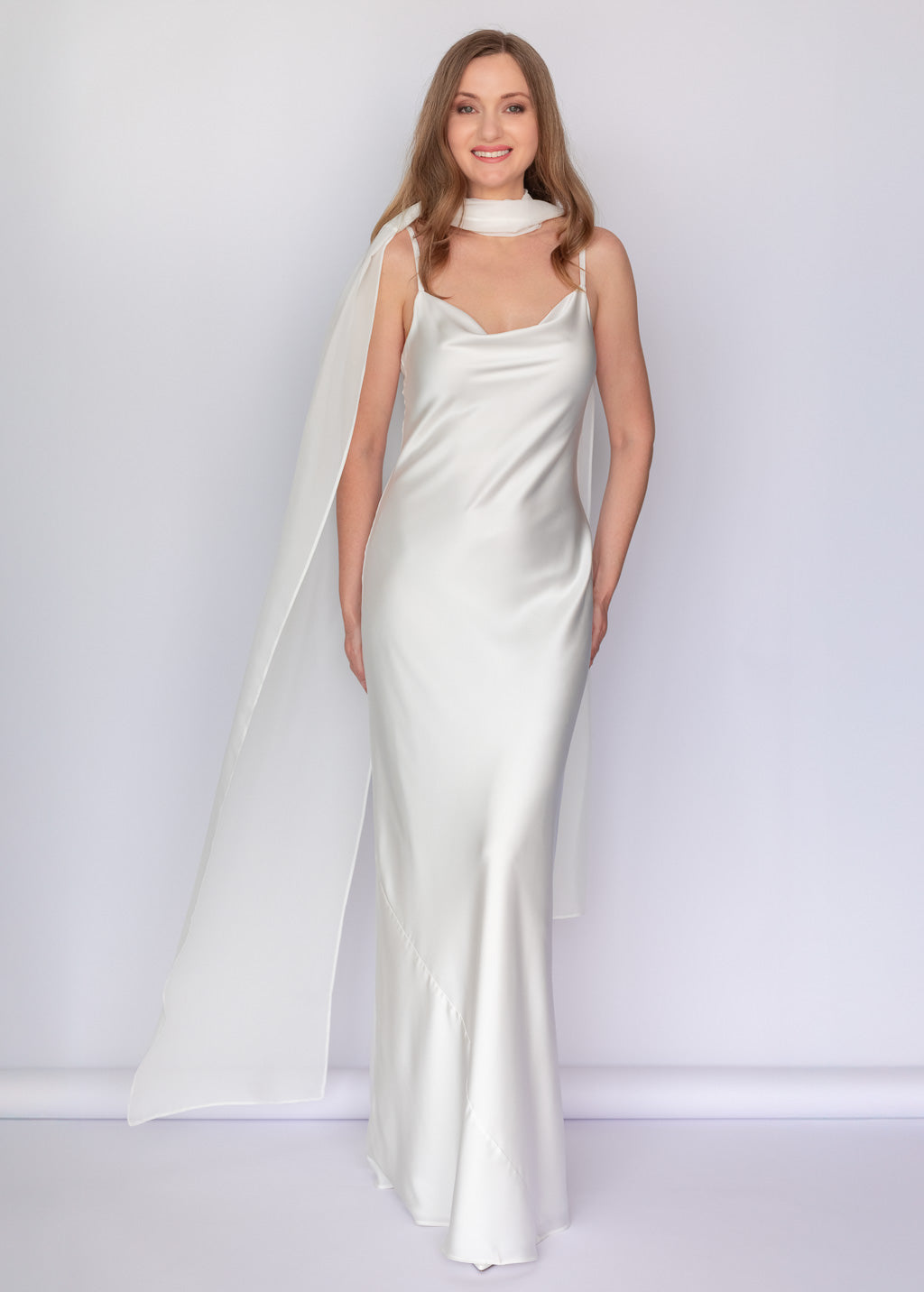 Ivory Bias Cut Silk Satin Dress with Chiffon Scarf