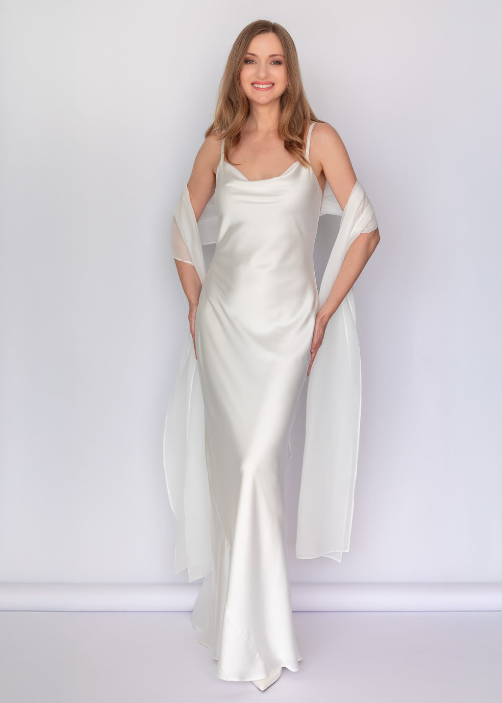 Ivory Bias Cut Silk Satin Dress with Chiffon Scarf