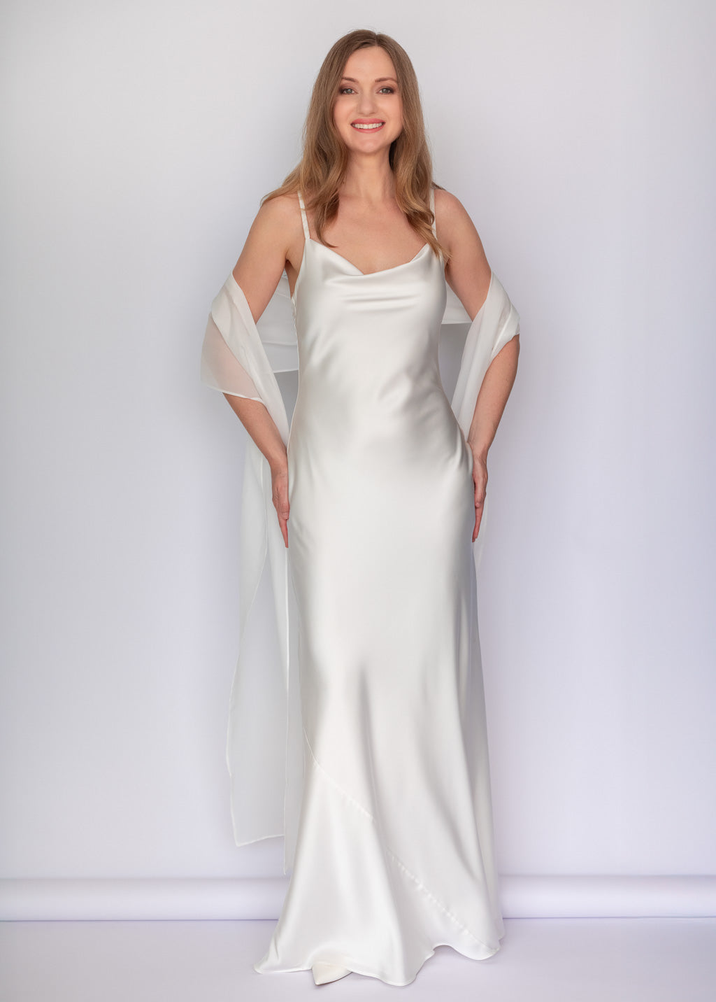 Ivory Bias Cut Silk Satin Dress with Chiffon Scarf