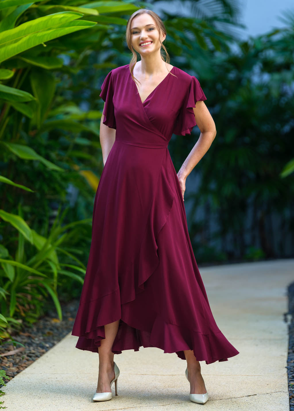 Burgundy romantic wrap dress