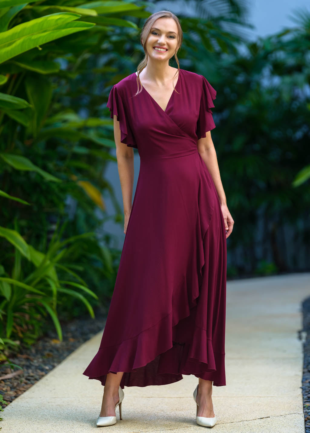 Burgundy romantic wrap dress
