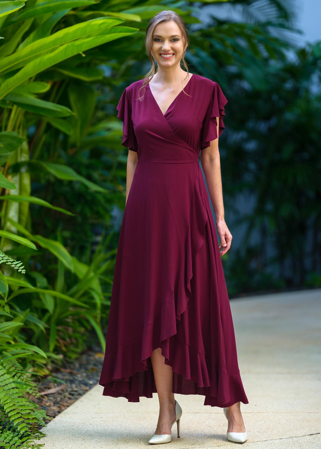Burgundy romantic wrap dress