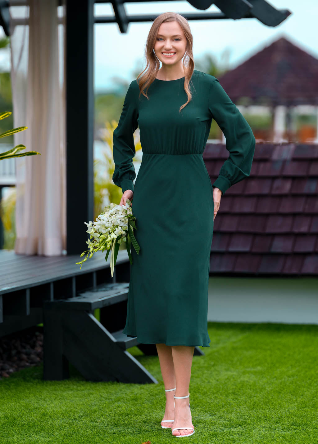 Dark green chiffon mid-calf dress