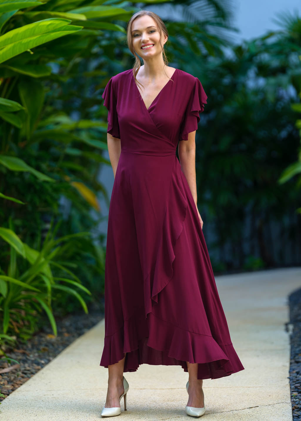 Burgundy romantic wrap dress