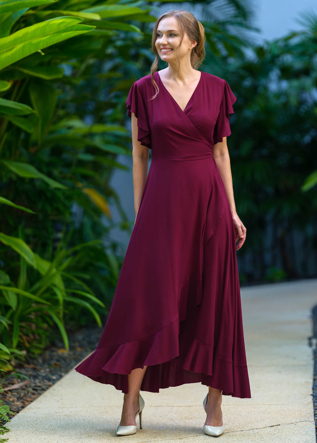 Burgundy romantic wrap dress