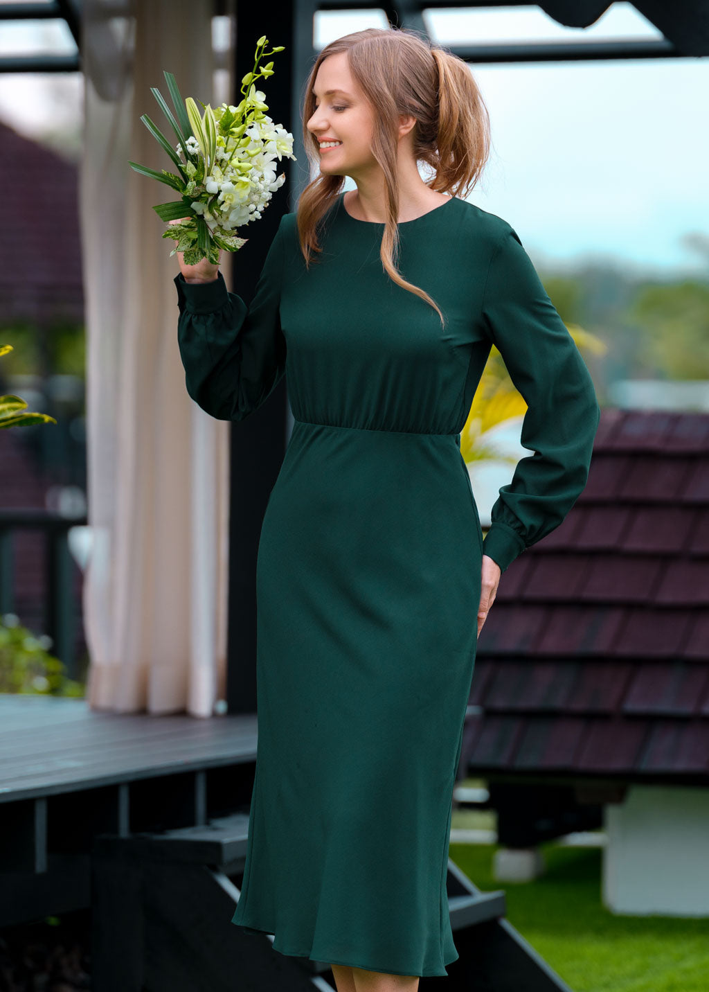 Dark green chiffon mid-calf dress