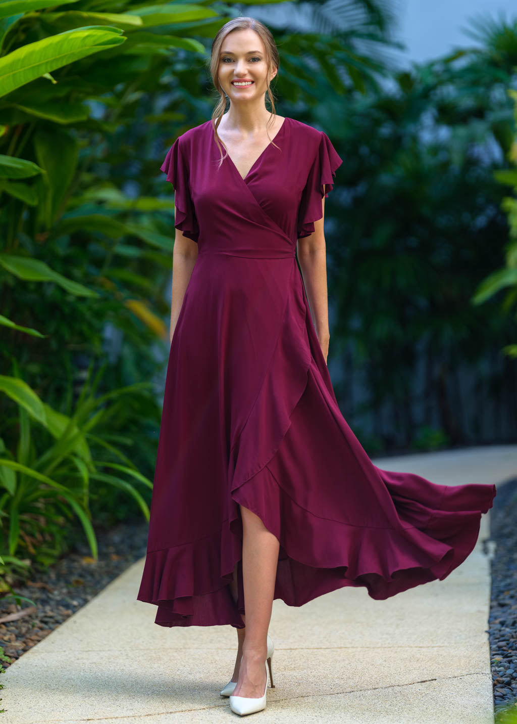 Burgundy romantic wrap dress