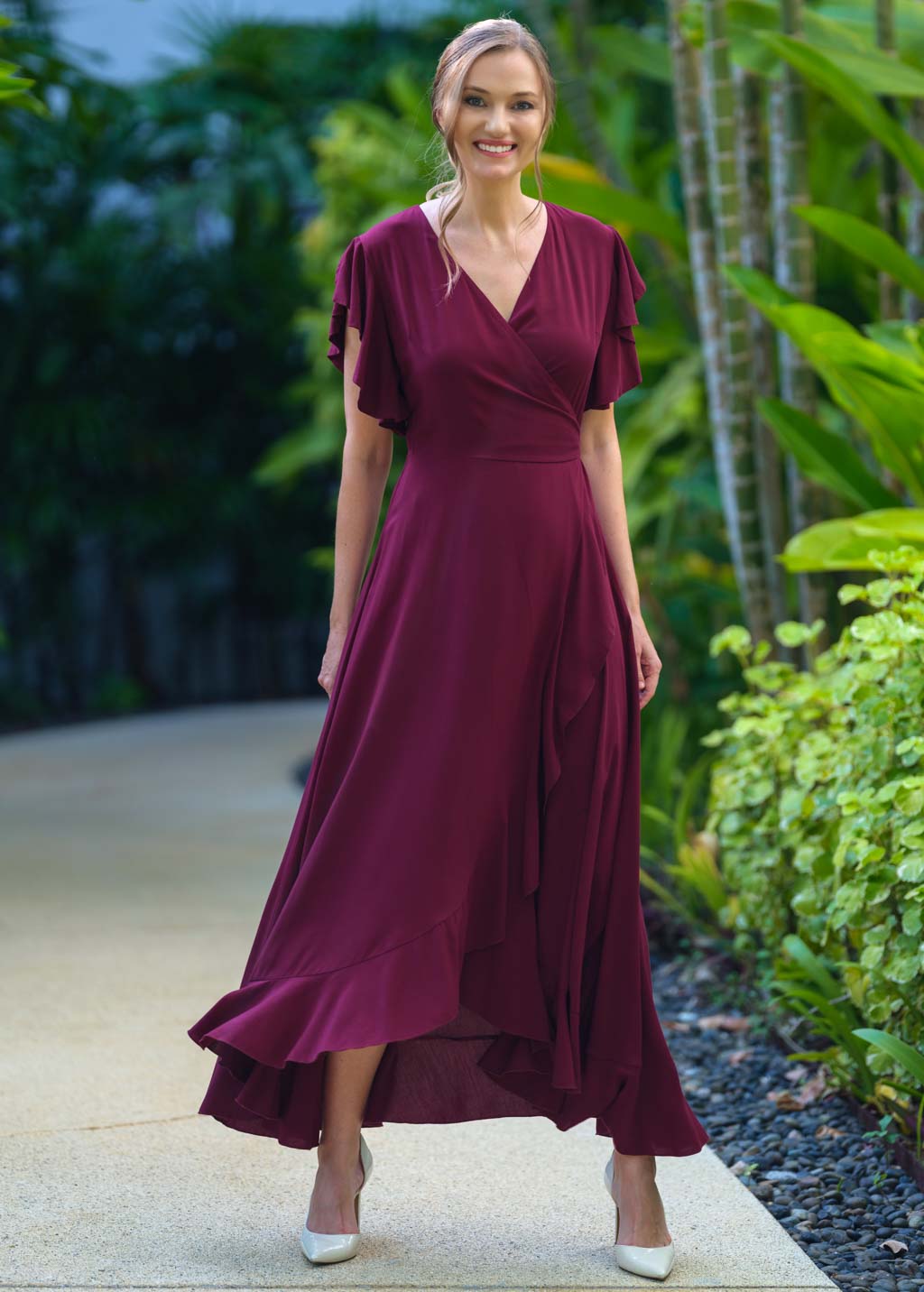 Burgundy romantic wrap dress