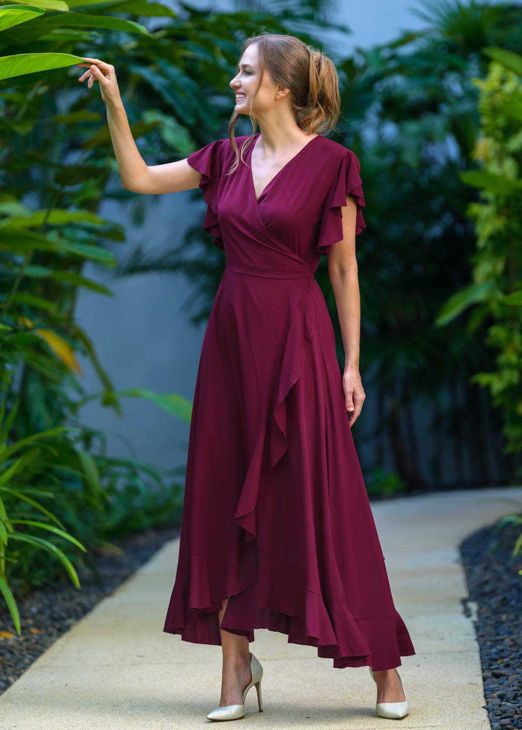 Burgundy romantic wrap dress